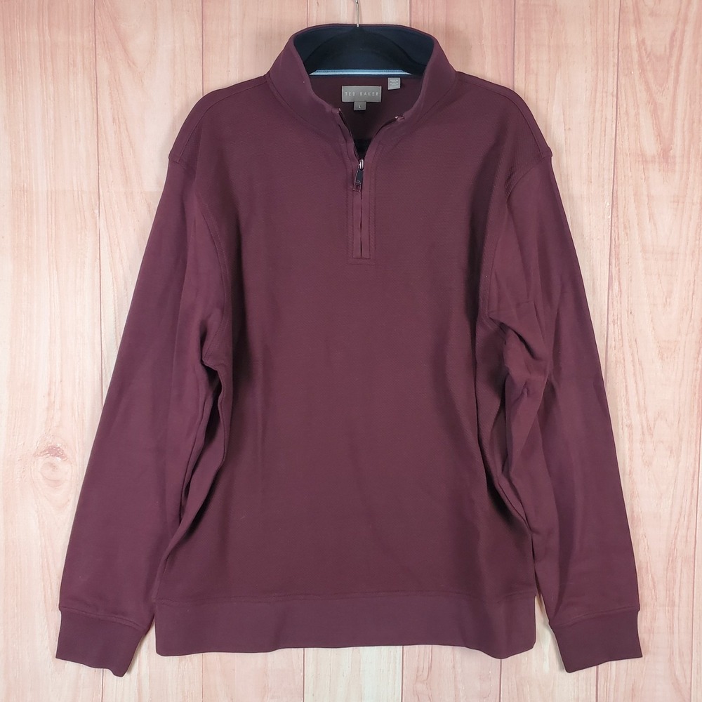 Ted Baker Mens Sweater Large Maroon Mock Neck Ribbed Hem Quarter Zip Sweater